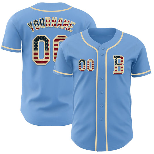 Custom Light Blue Vintage USA Flag-Cream Authentic Baseball Jersey - Main View
