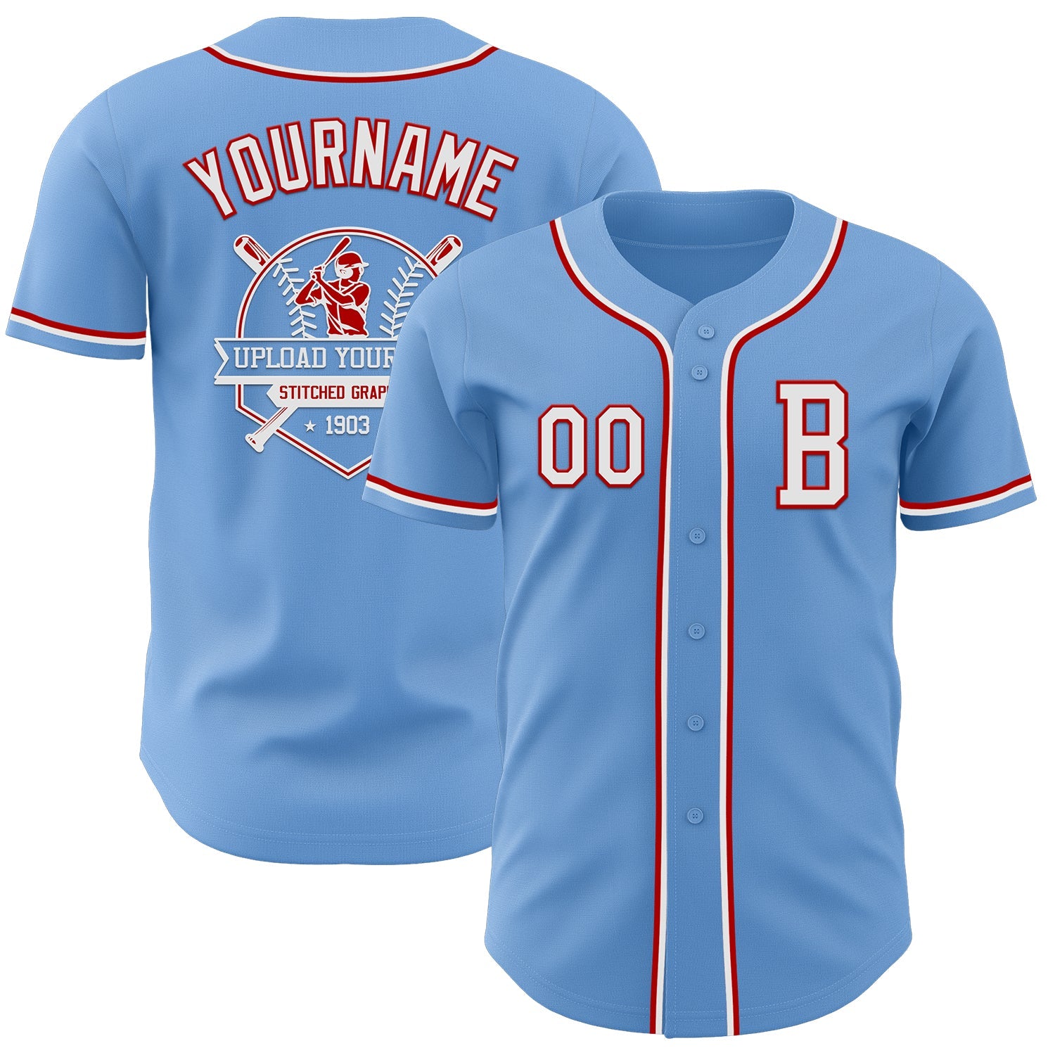 Custom Light Blue White-Red Authentic Baseball Jersey view 5