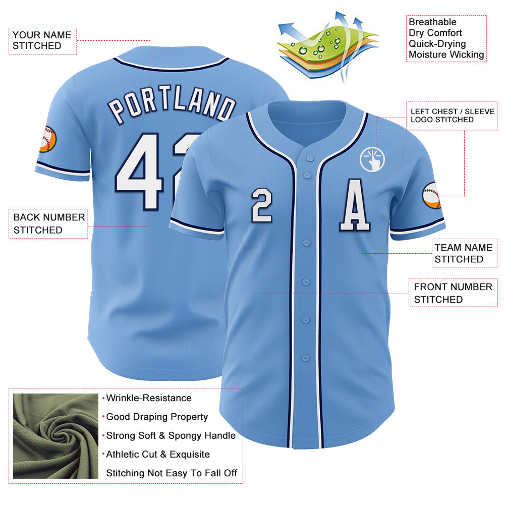 Custom Light Blue White-Navy Authentic Baseball Jersey view 2