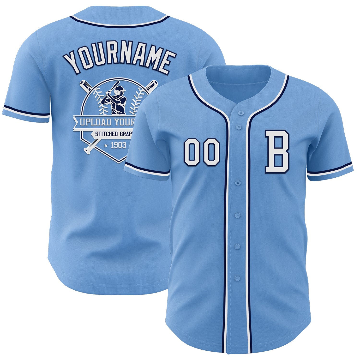 Custom Light Blue White-Navy Authentic Baseball Jersey view 5