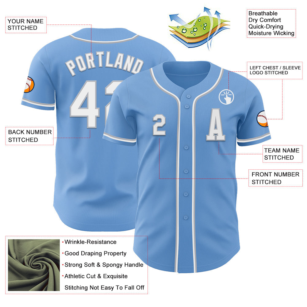 Custom Light Blue White-Gray Authentic Baseball Jersey view 2