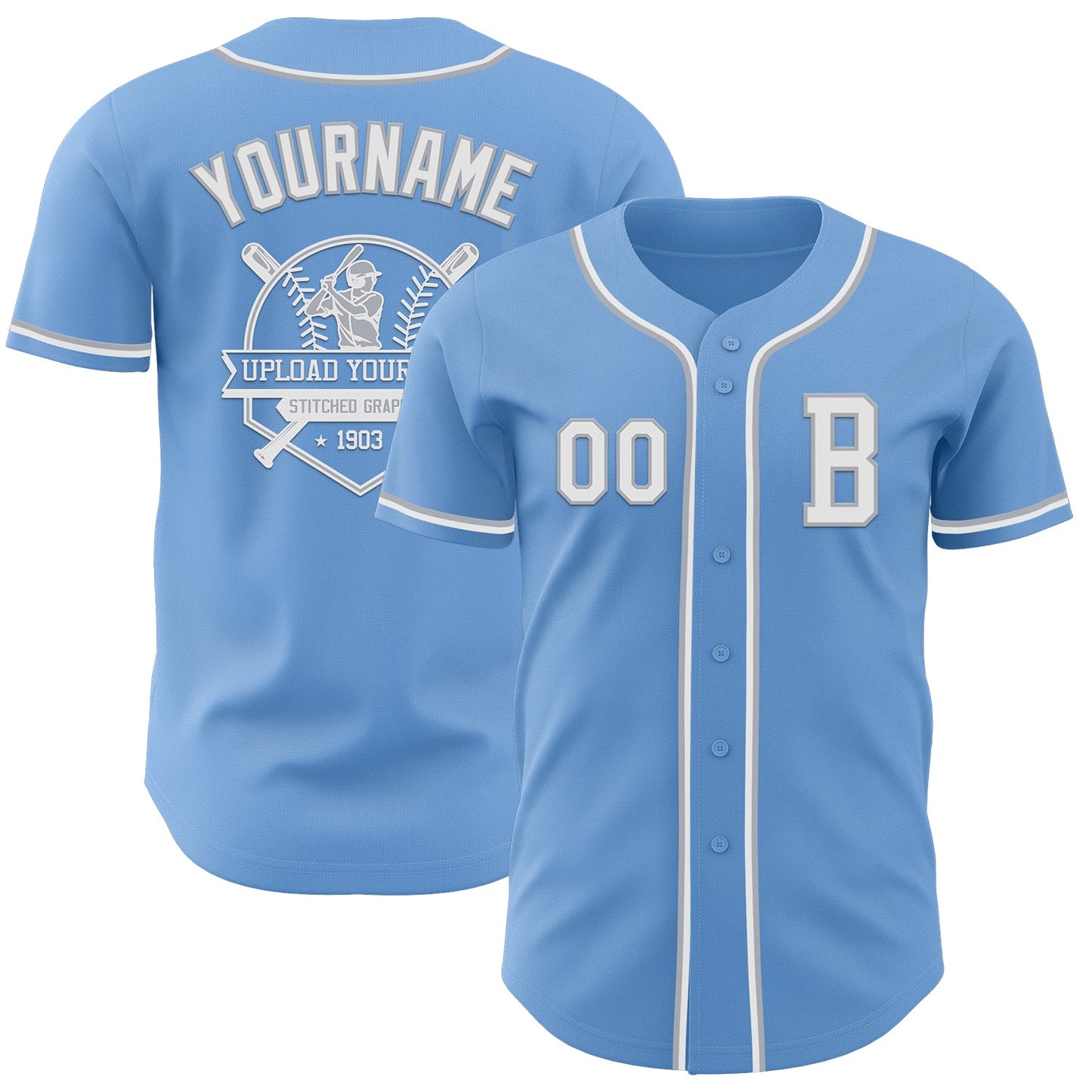 Custom Light Blue White-Gray Authentic Baseball Jersey view 5