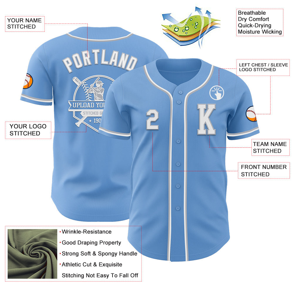 Custom Light Blue White-Gray Authentic Baseball Jersey view 6