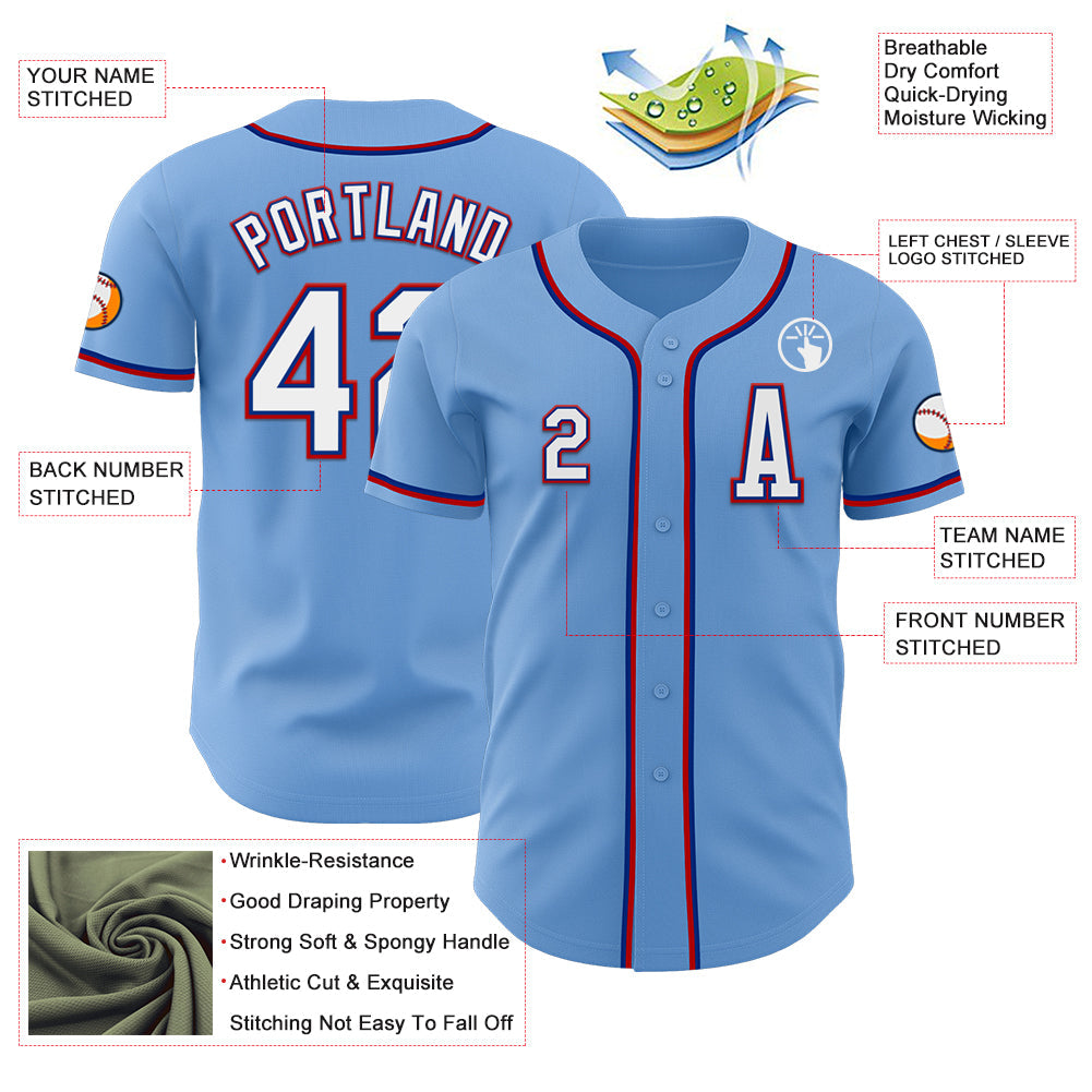 Custom Light Blue Royal-Red Authentic Baseball Jersey view 2
