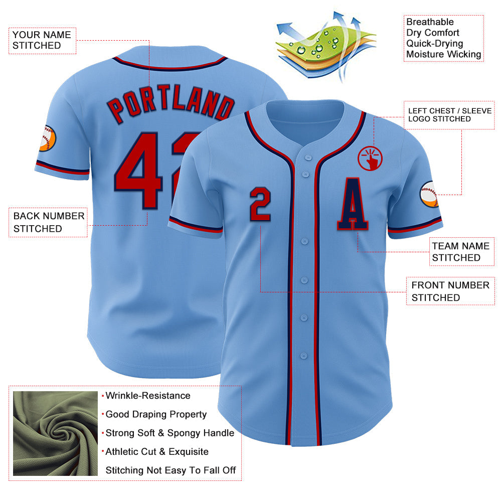 Custom Light Blue Red-Navy Authentic Baseball Jersey view 2