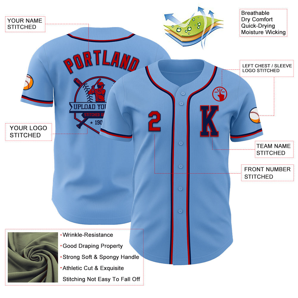 Custom Light Blue Red-Navy Authentic Baseball Jersey view 6
