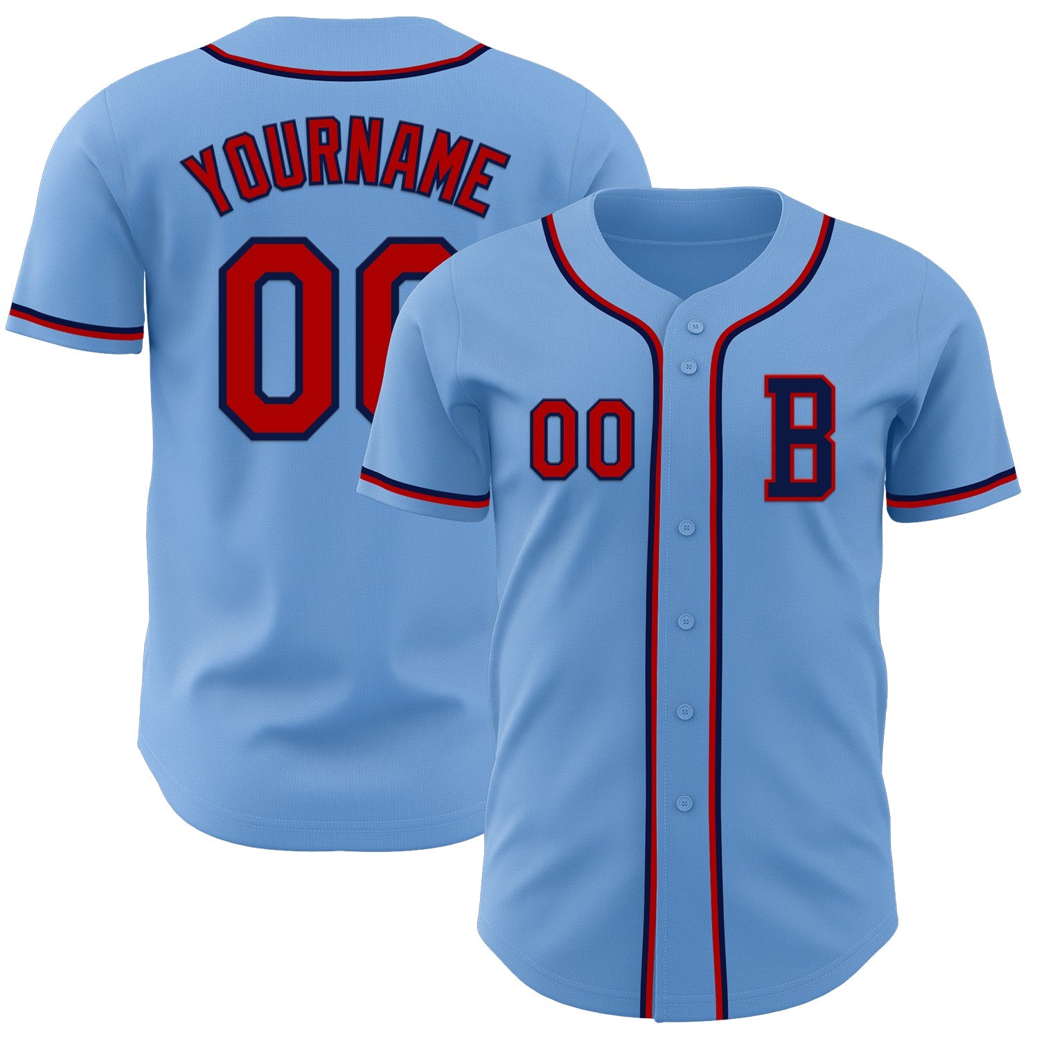 Custom Light Blue Red-Navy Authentic Baseball Jersey - Main View