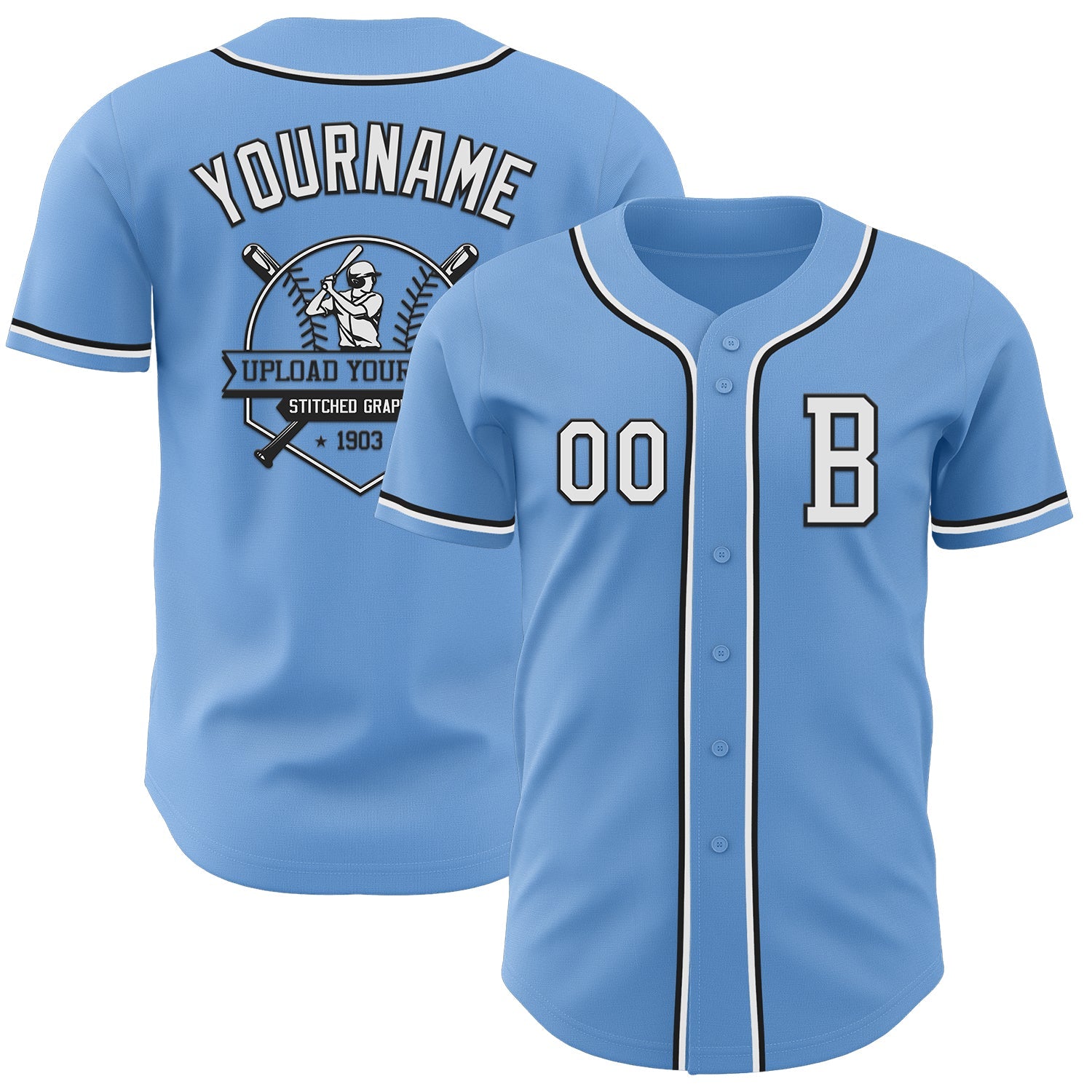 Custom Light Blue White-Black Authentic Baseball Jersey view 5