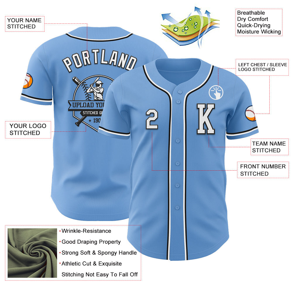 Custom Light Blue White-Black Authentic Baseball Jersey view 6
