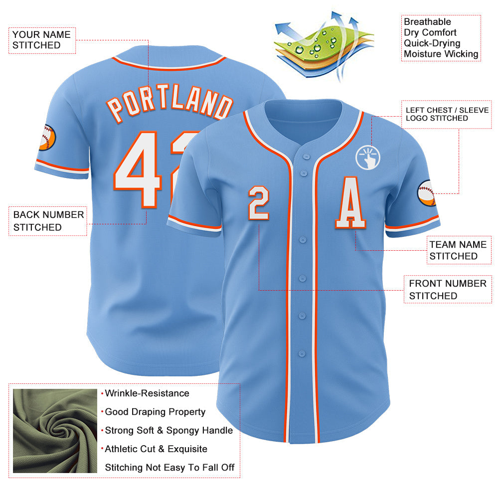 Custom Light Blue White-Orange Authentic Baseball Jersey view 2