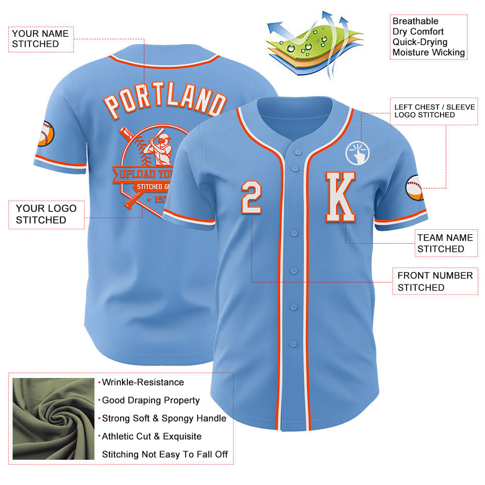 Custom Light Blue White-Orange Authentic Baseball Jersey view 6