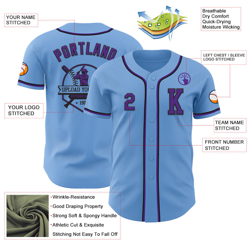 Custom Light Blue Purple-Black Authentic Baseball Jersey view 6
