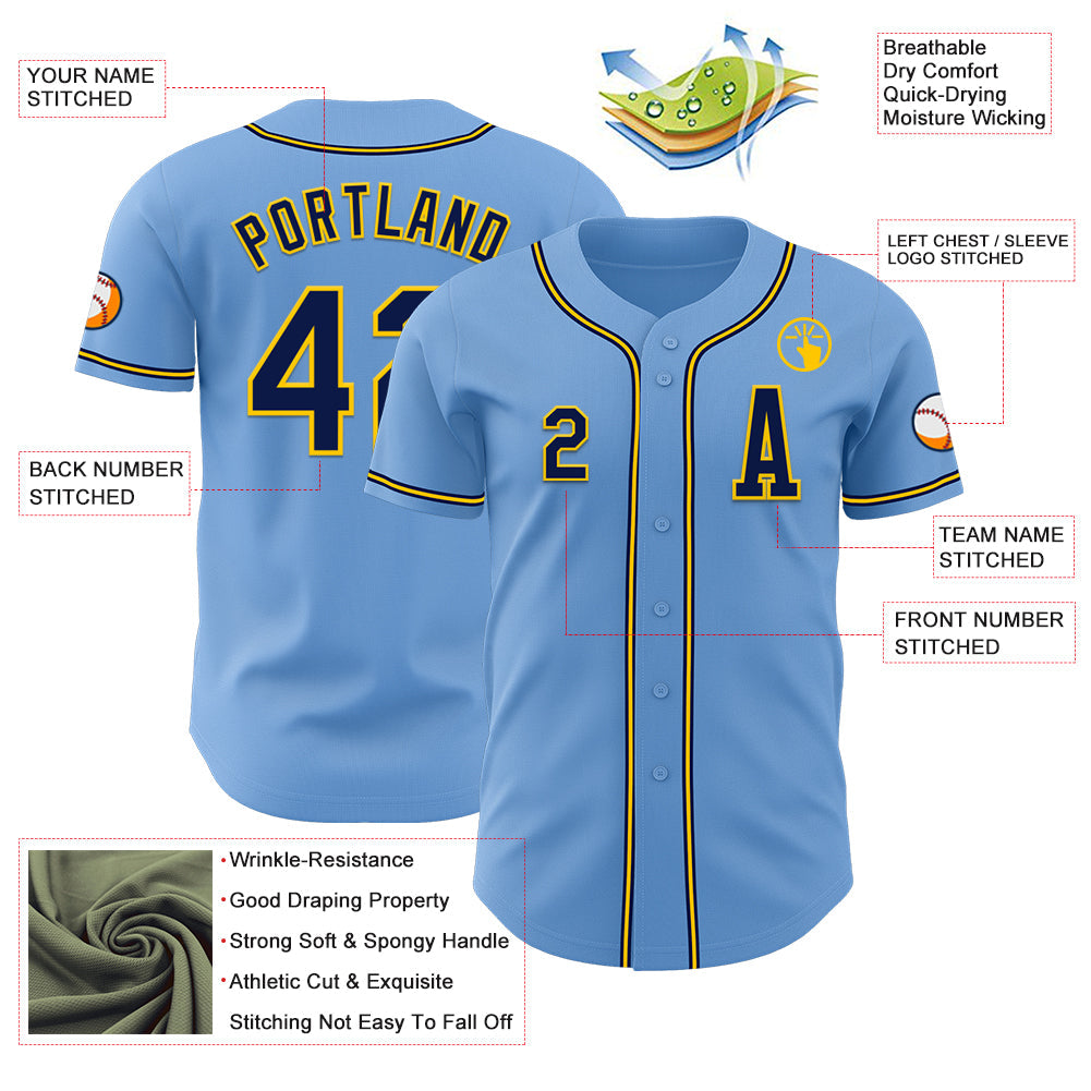 Custom Light Blue Navy-Yellow Authentic Baseball Jersey view 2