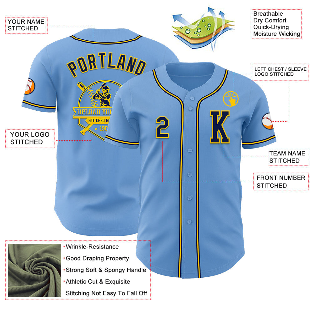 Custom Light Blue Navy-Yellow Authentic Baseball Jersey view 6
