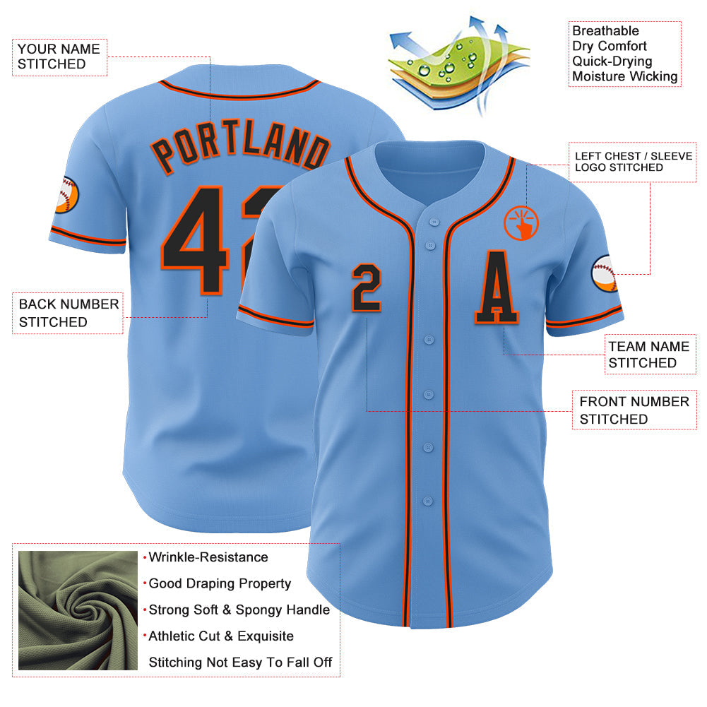 Custom Light Blue Black-Orange Authentic Baseball Jersey view 2