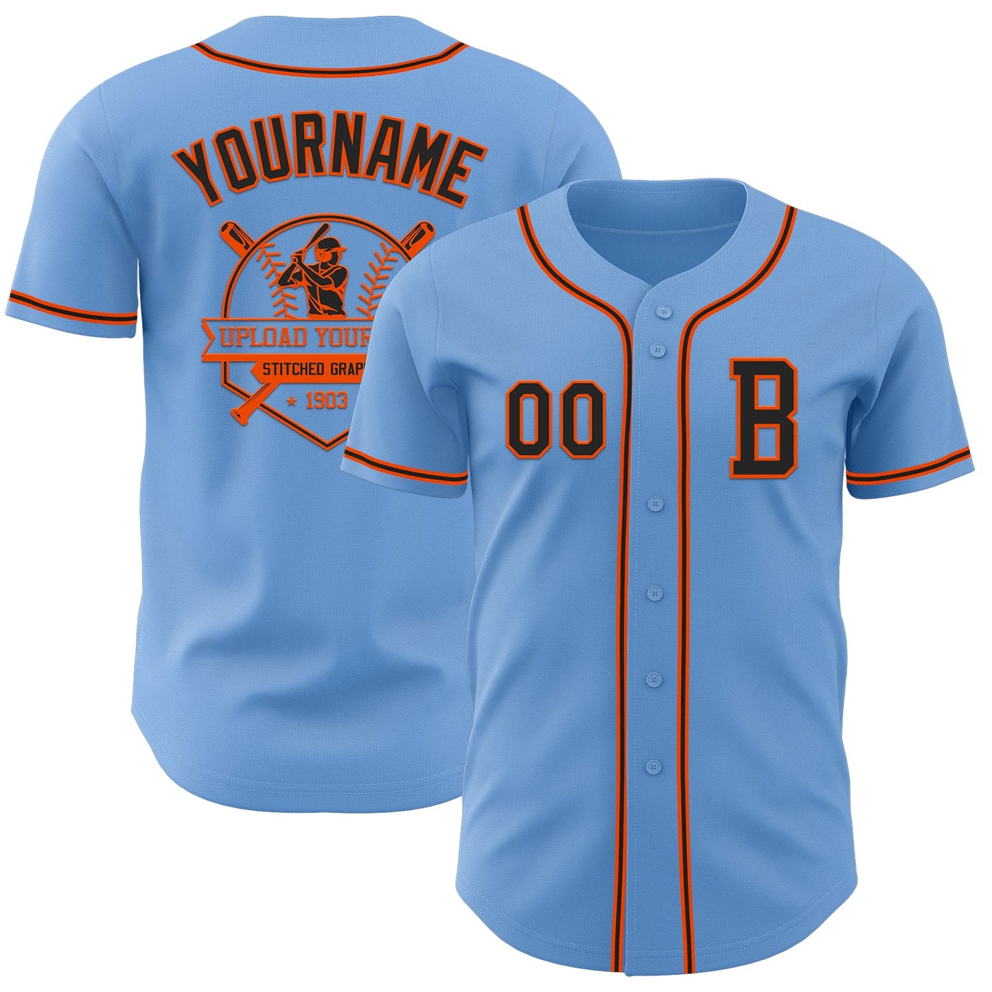 Custom Light Blue Black-Orange Authentic Baseball Jersey view 5