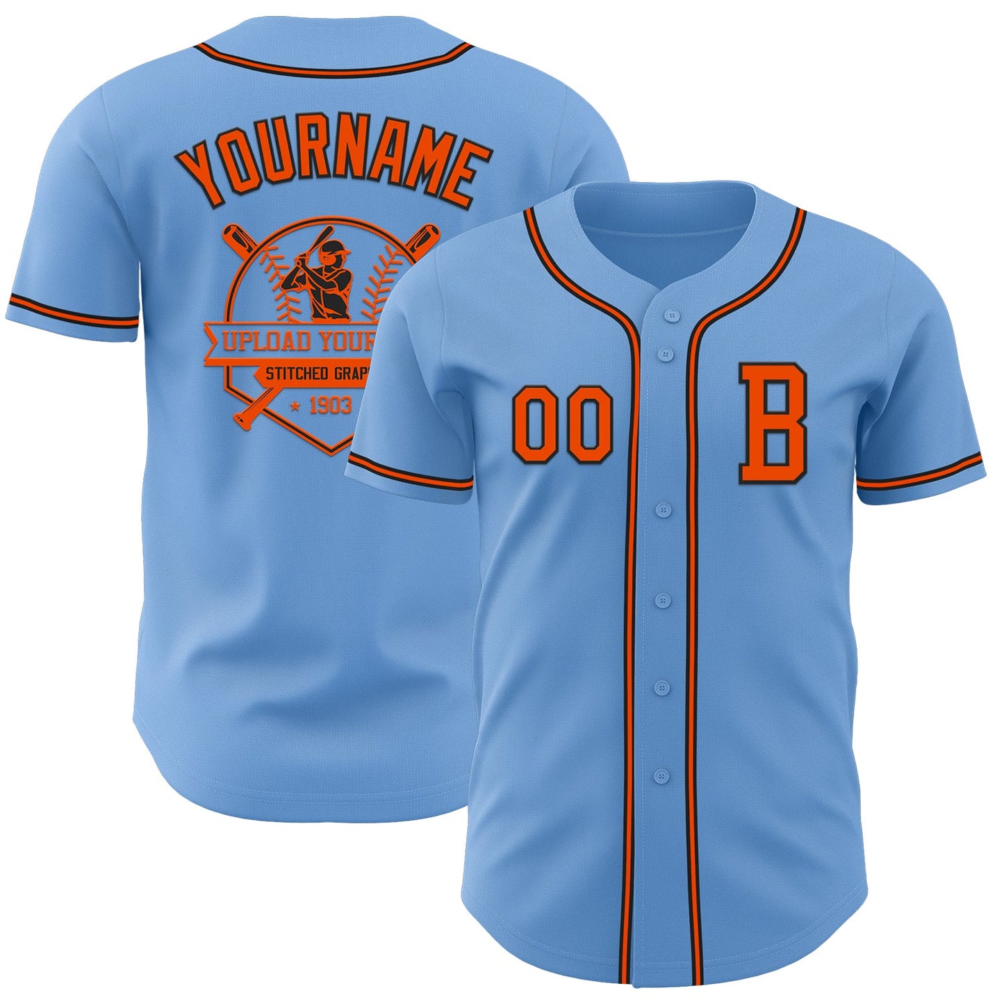 Custom Light Blue Orange-Black Authentic Baseball Jersey view 5