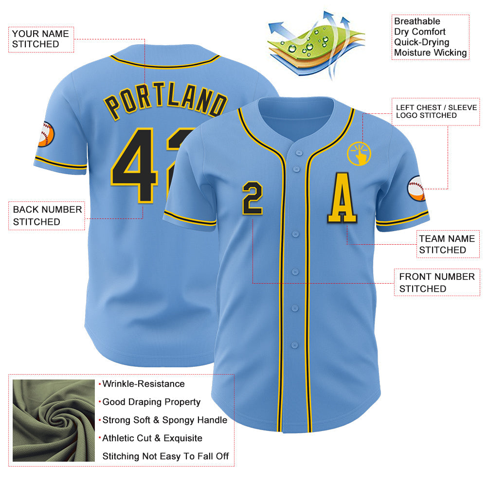Custom Light Blue Black-Yellow Authentic Baseball Jersey view 2