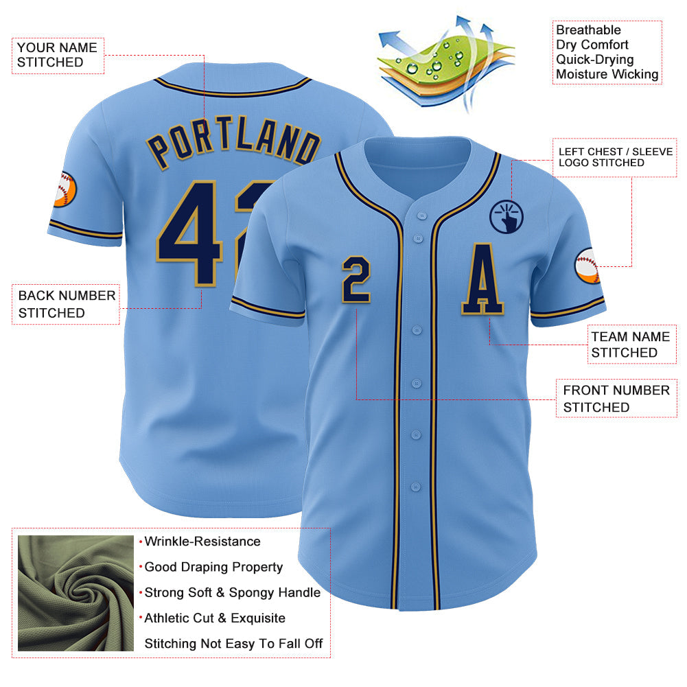 Custom Light Blue Navy-Old Gold Authentic Baseball Jersey view 2