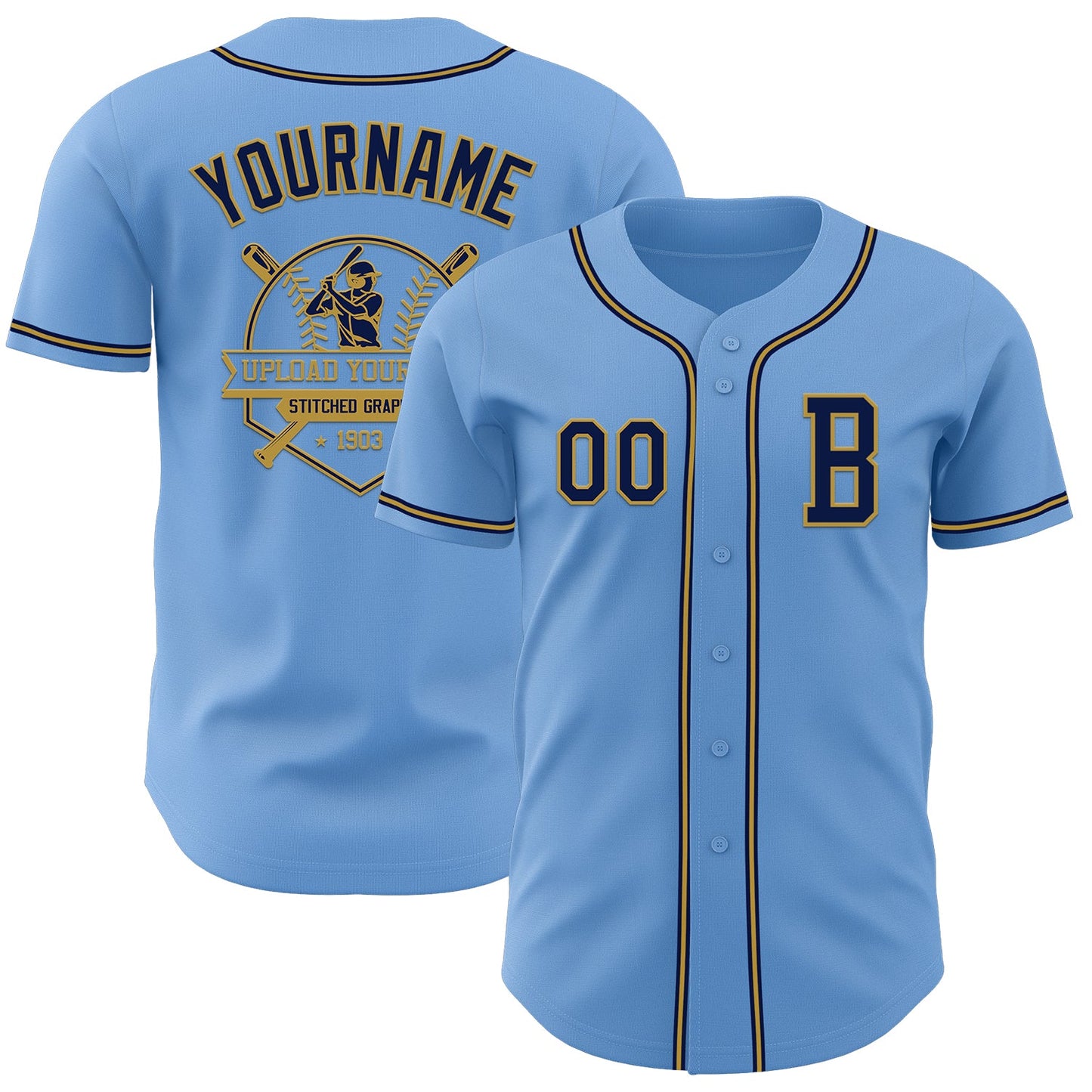 Custom Light Blue Navy-Old Gold Authentic Baseball Jersey view 5