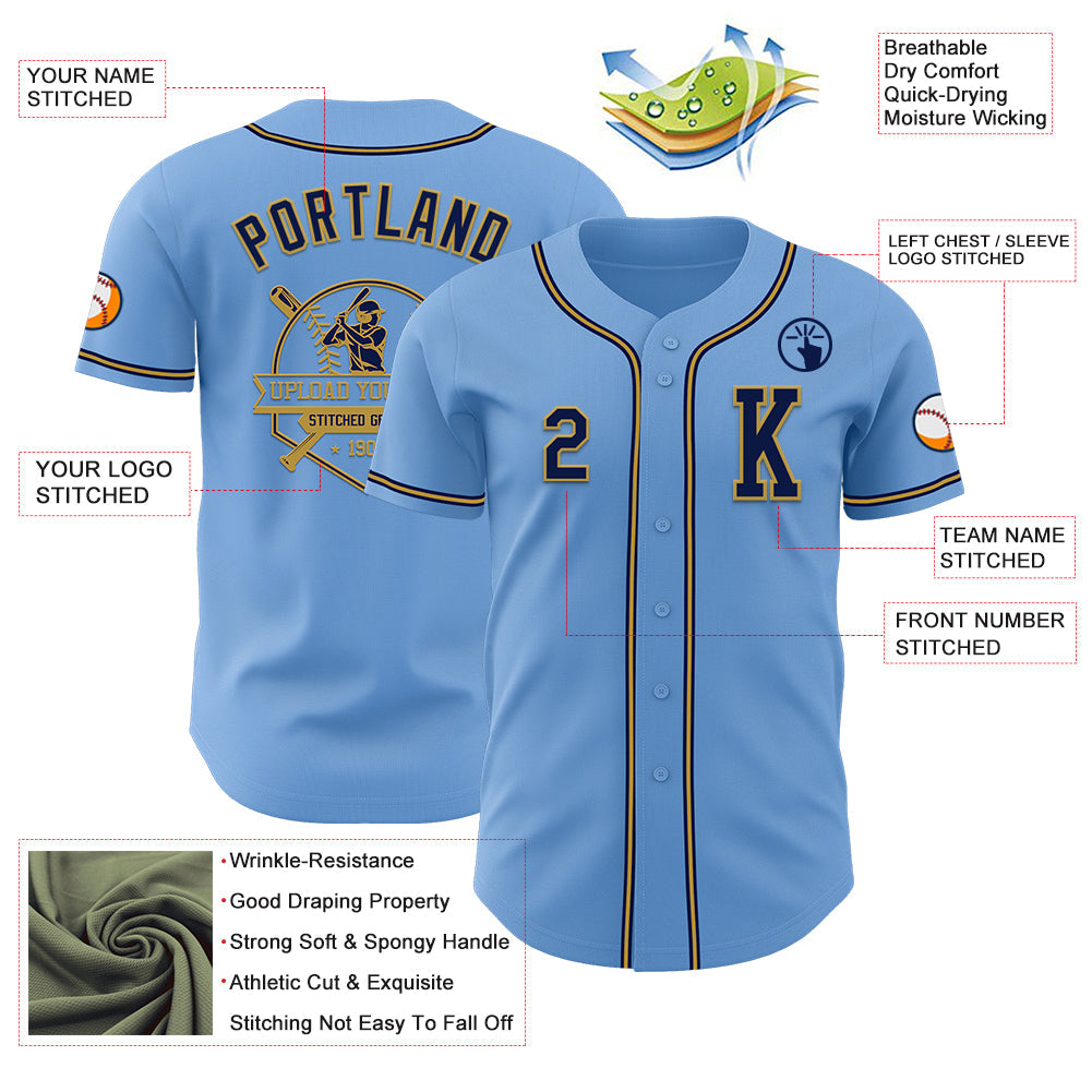 Custom Light Blue Navy-Old Gold Authentic Baseball Jersey view 6