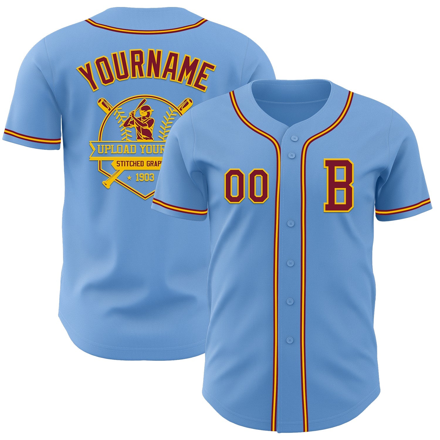 Custom Light Blue Crimson-Yellow Authentic Baseball Jersey view 5