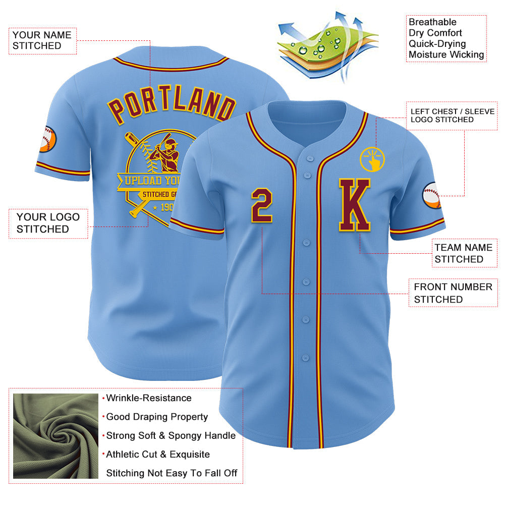 Custom Light Blue Crimson-Yellow Authentic Baseball Jersey view 6