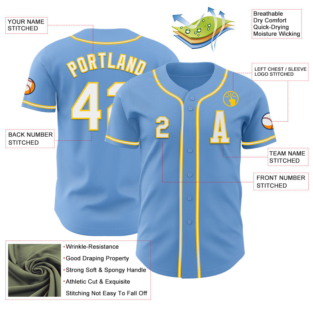 Custom Light Blue White-Yellow Authentic Baseball Jersey view 2
