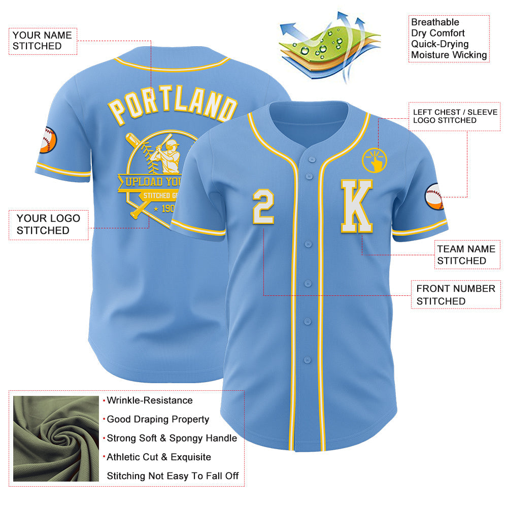 Custom Light Blue White-Yellow Authentic Baseball Jersey view 6