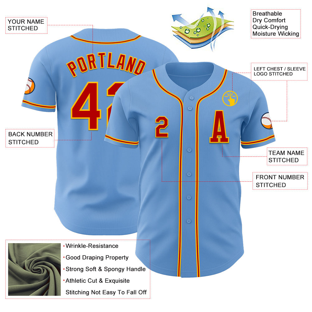 Custom Light Blue Red-Gold Authentic Baseball Jersey view 2