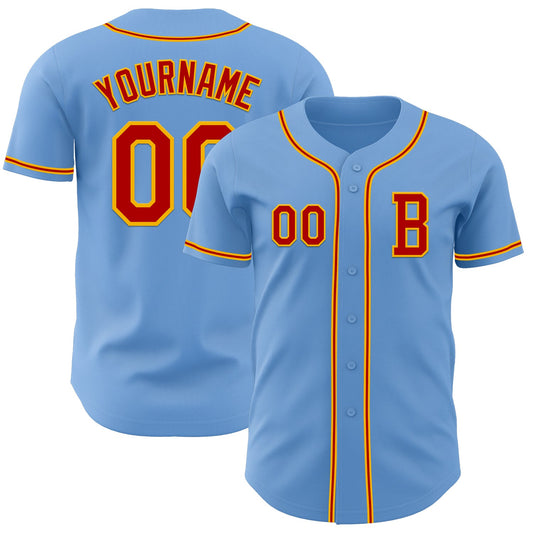 Custom Light Blue Red-Gold Authentic Baseball Jersey - Main View