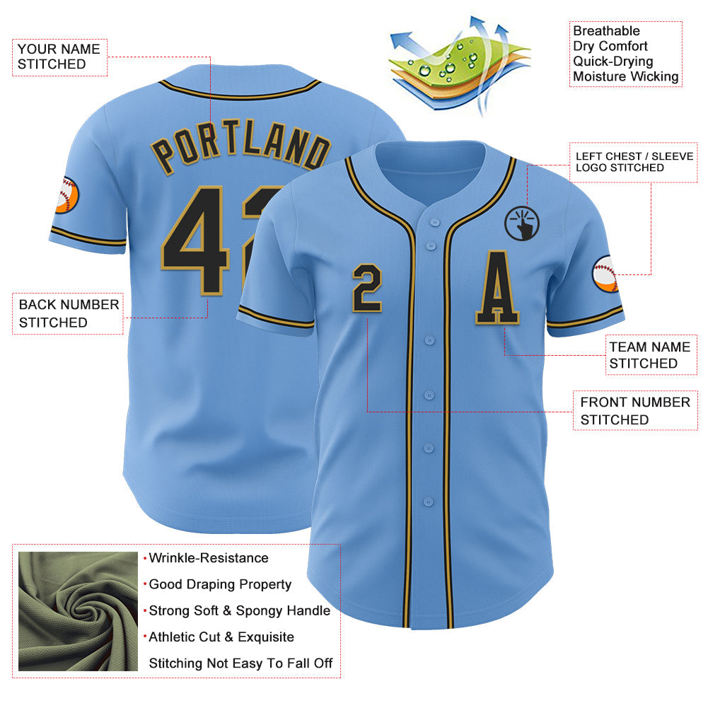 Custom Light Blue Black-Old Gold Authentic Baseball Jersey view 2