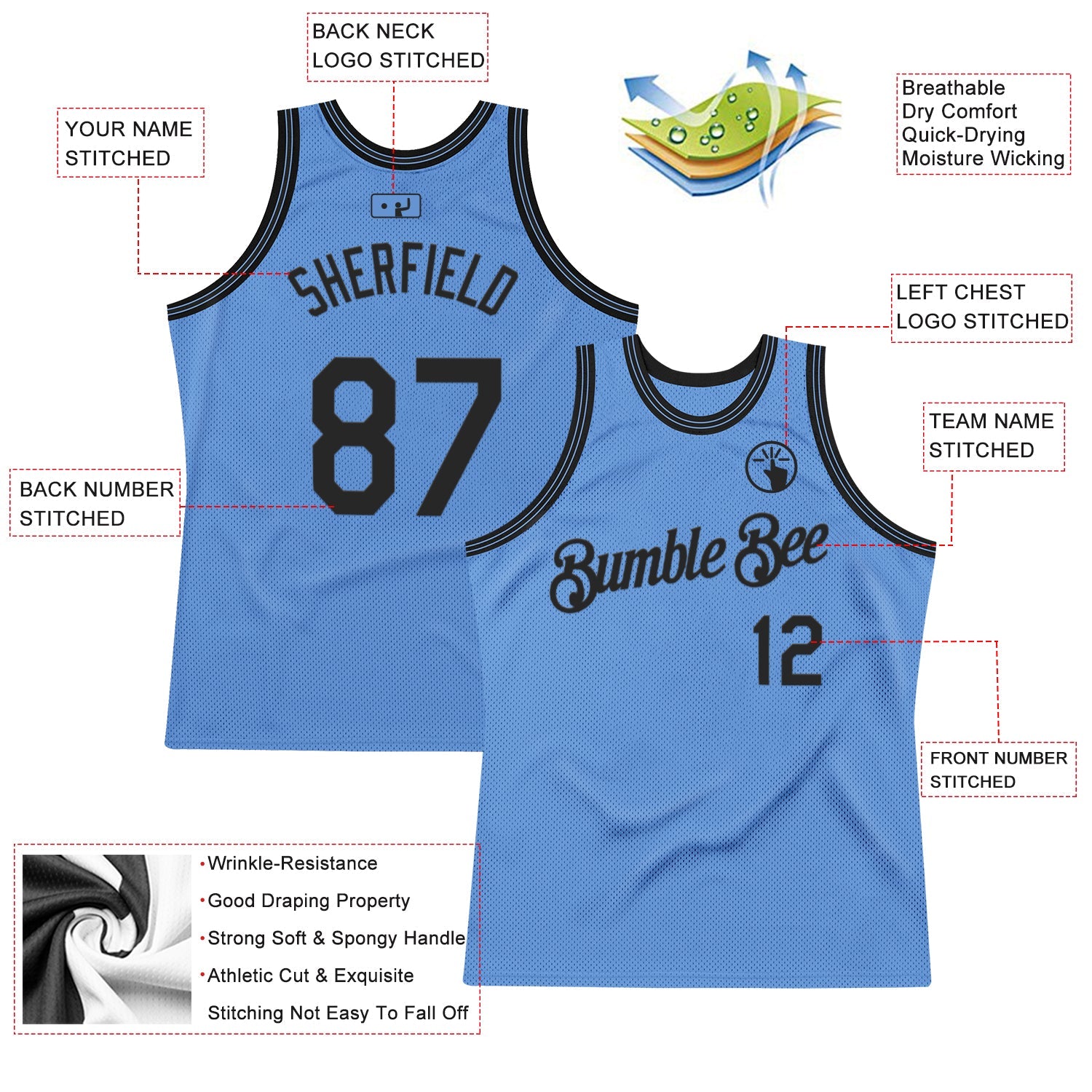 Custom Light Blue Black Authentic Throwback Basketball Jersey view 2