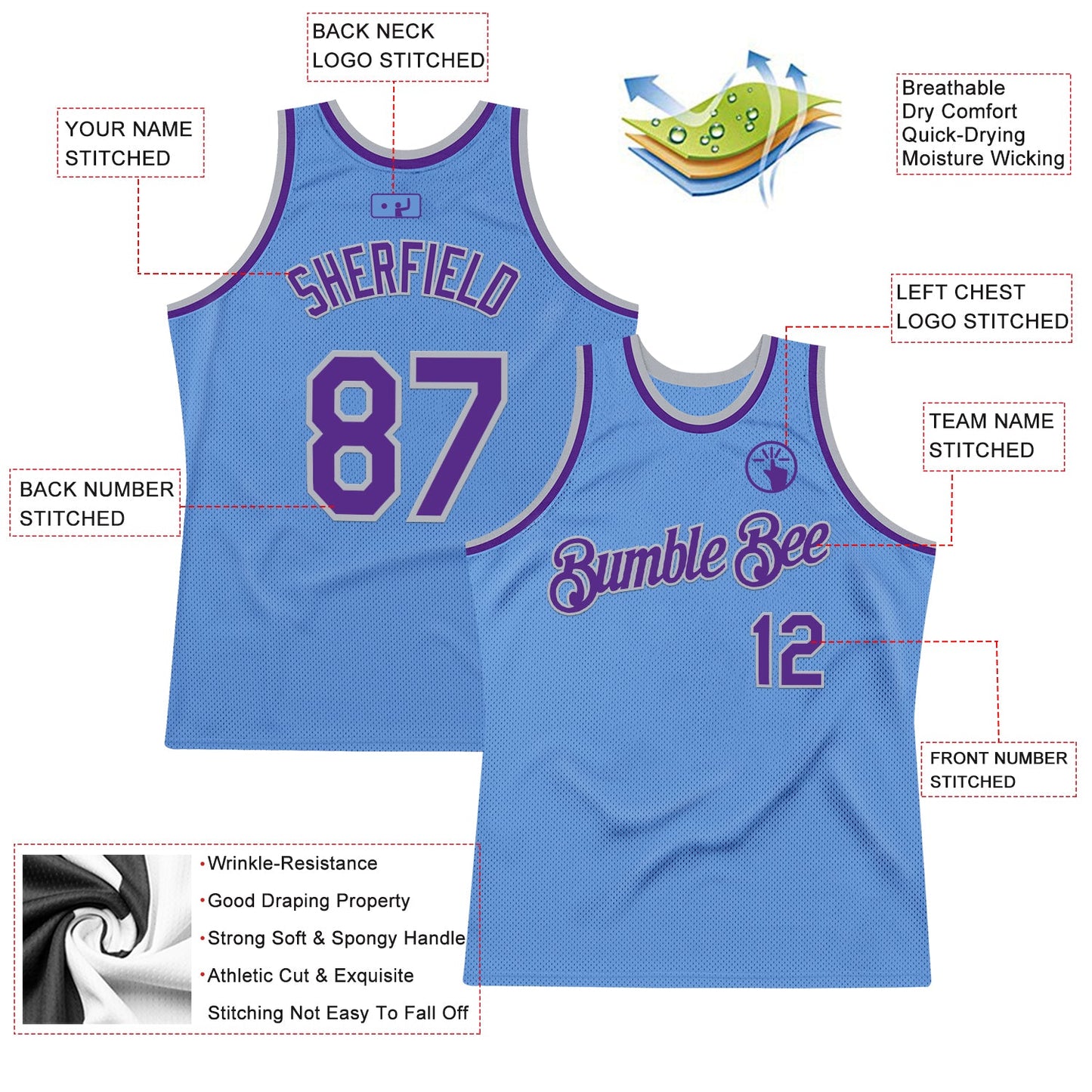 Custom Light Blue Purple-Gray Authentic Throwback Basketball Jersey view 2