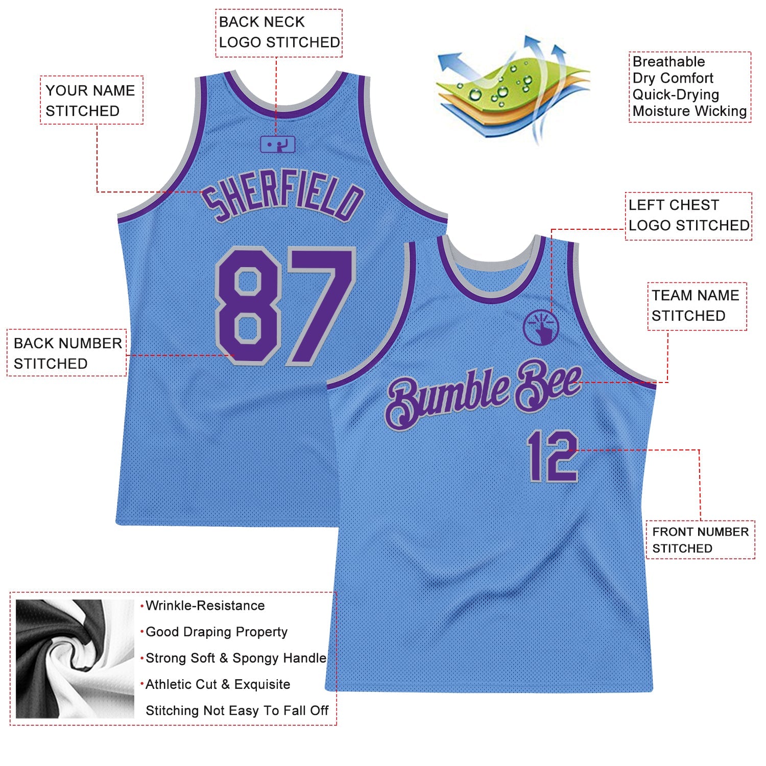 Custom Light Blue Purple-Gray Authentic Throwback Basketball Jersey view 2