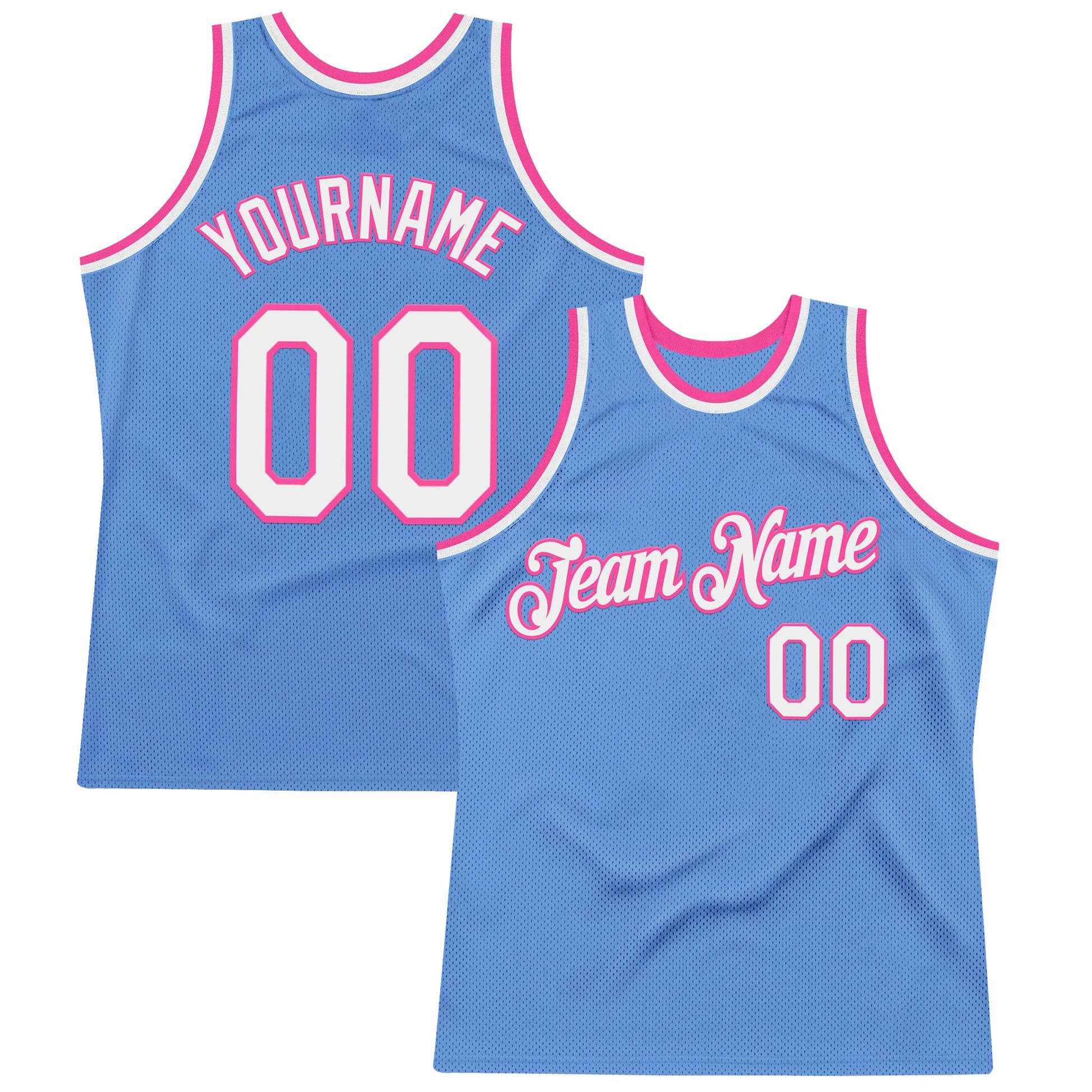 Custom Light Blue White-Pink Authentic Throwback Basketball Jersey - Main View
