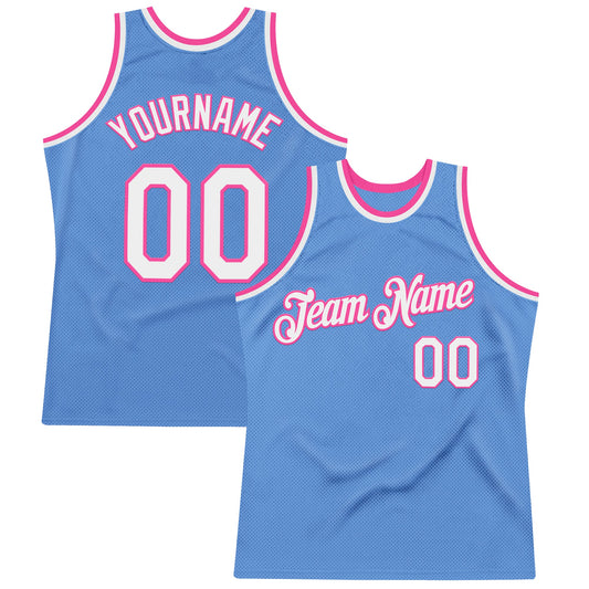 Custom Light Blue White-Pink Authentic Throwback Basketball Jersey - Main View
