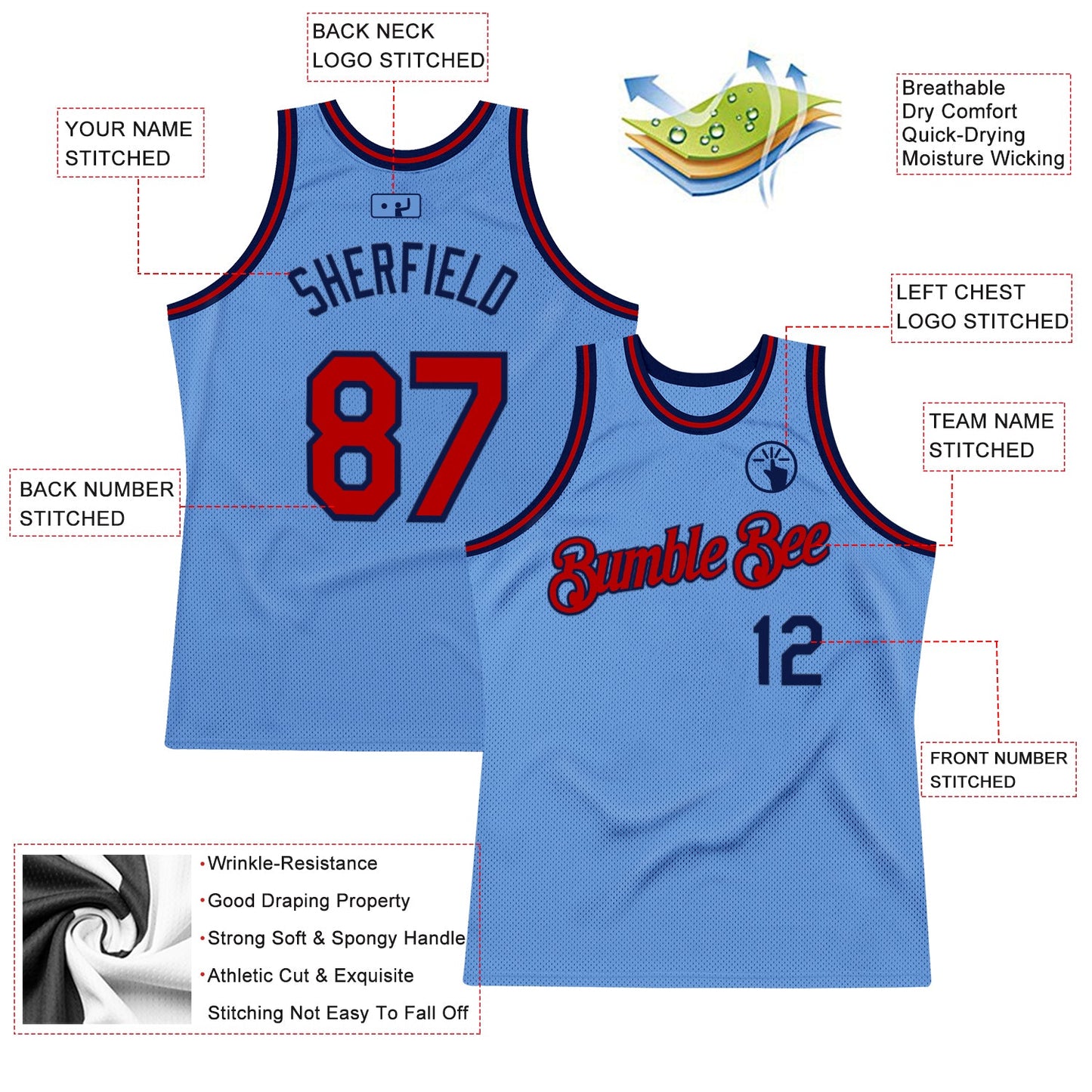 Custom Light Blue Red-Navy Authentic Throwback Basketball Jersey view 2