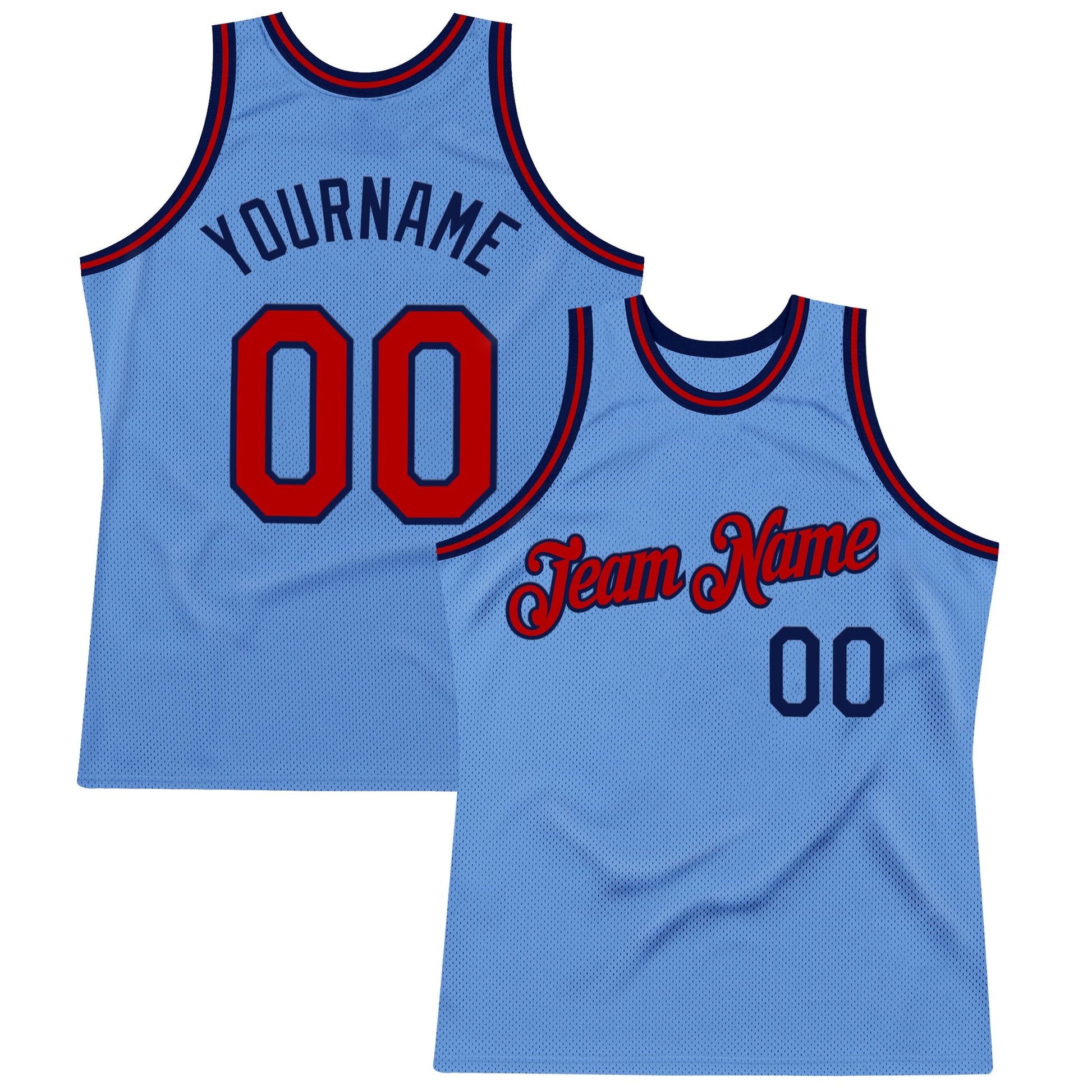 Custom Light Blue Red-Navy Authentic Throwback Basketball Jersey - Main View