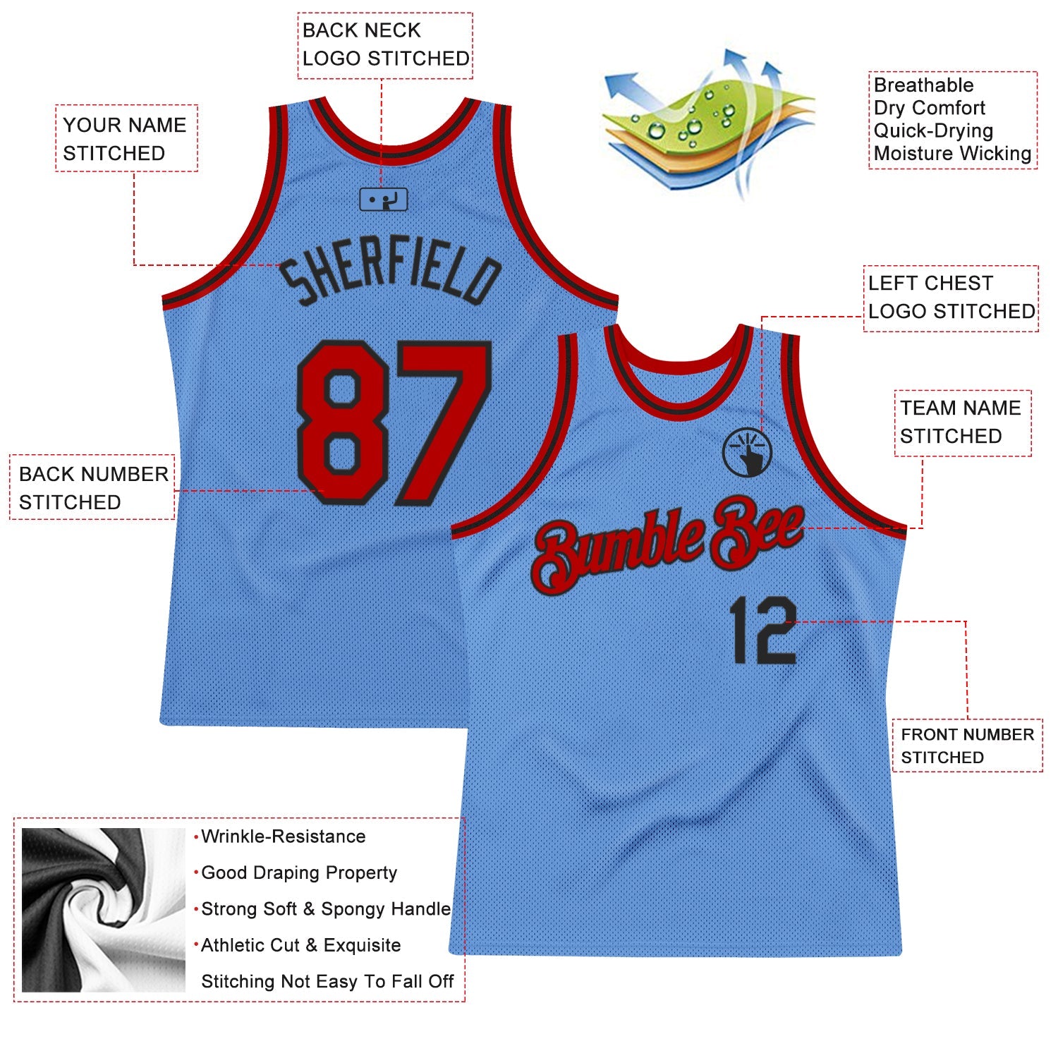 Custom Light Blue Red-Black Authentic Throwback Basketball Jersey view 2