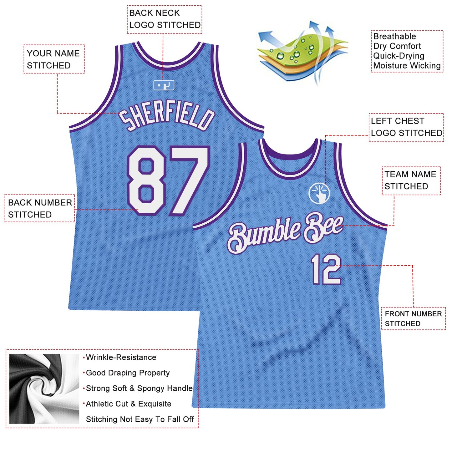 Custom Light Blue White-Purple Authentic Throwback Basketball Jersey view 2