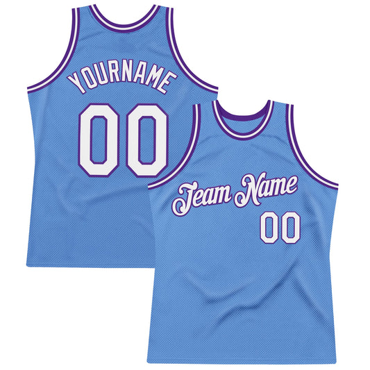 Custom Light Blue White-Purple Authentic Throwback Basketball Jersey - Main View