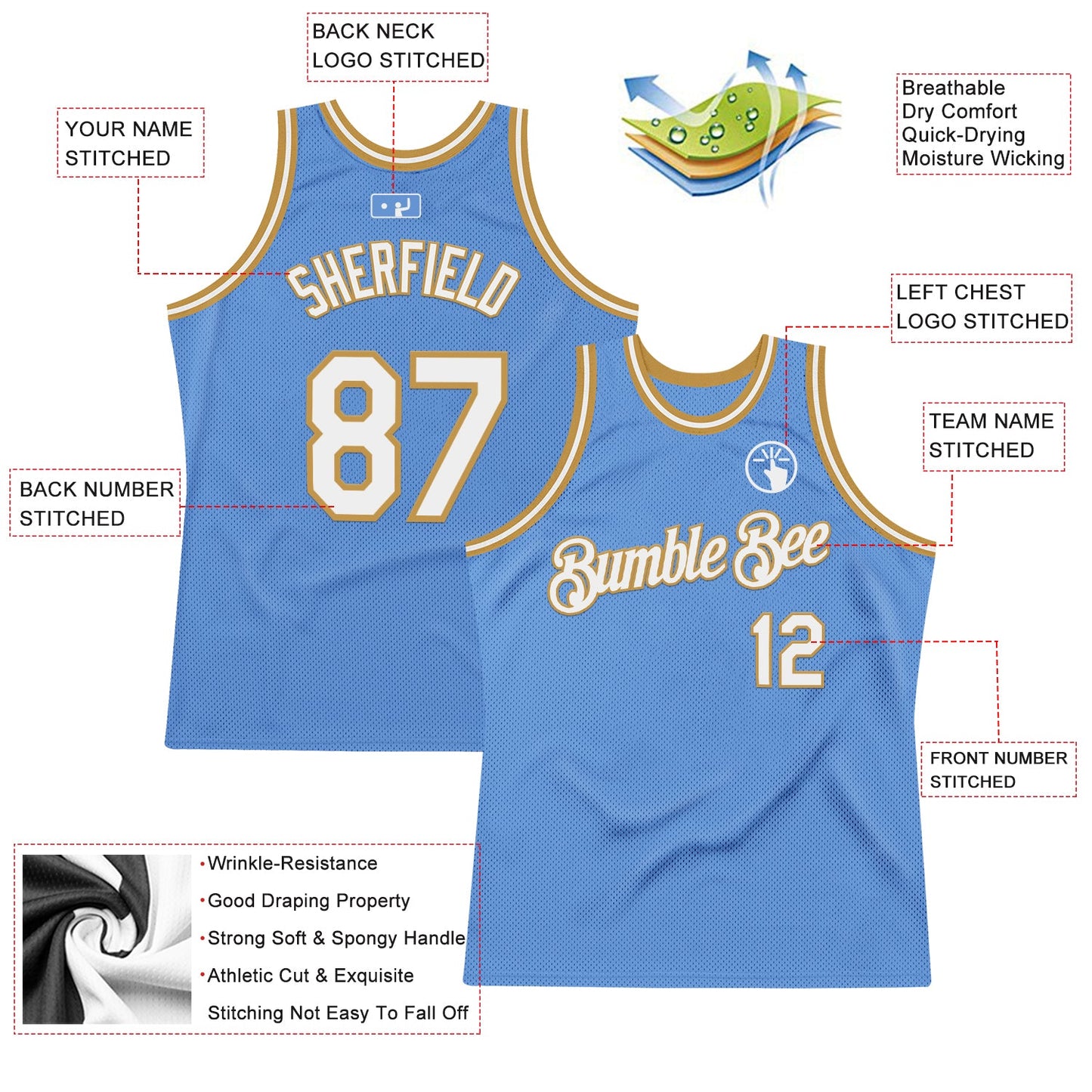 Custom Light Blue White-Old Gold Authentic Throwback Basketball Jersey view 2