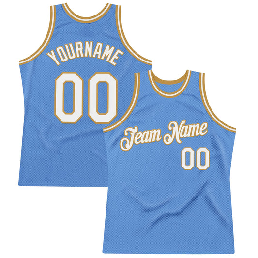 Custom Light Blue White-Old Gold Authentic Throwback Basketball Jersey - Main View
