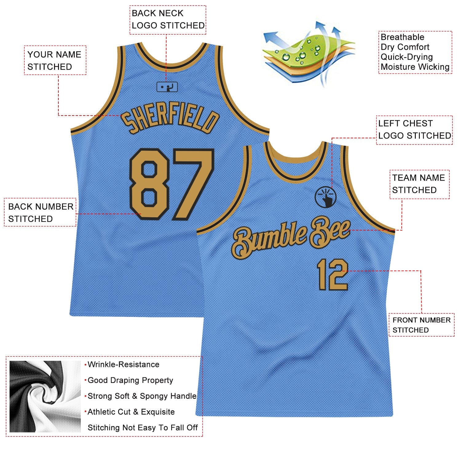 Custom Light Blue Old Gold-Black Authentic Throwback Basketball Jersey view 2