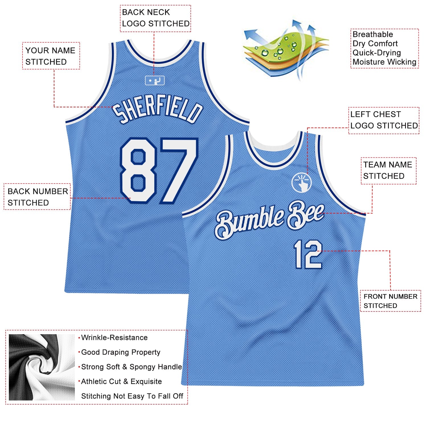 Custom Light Blue White-Royal Authentic Throwback Basketball Jersey view 2