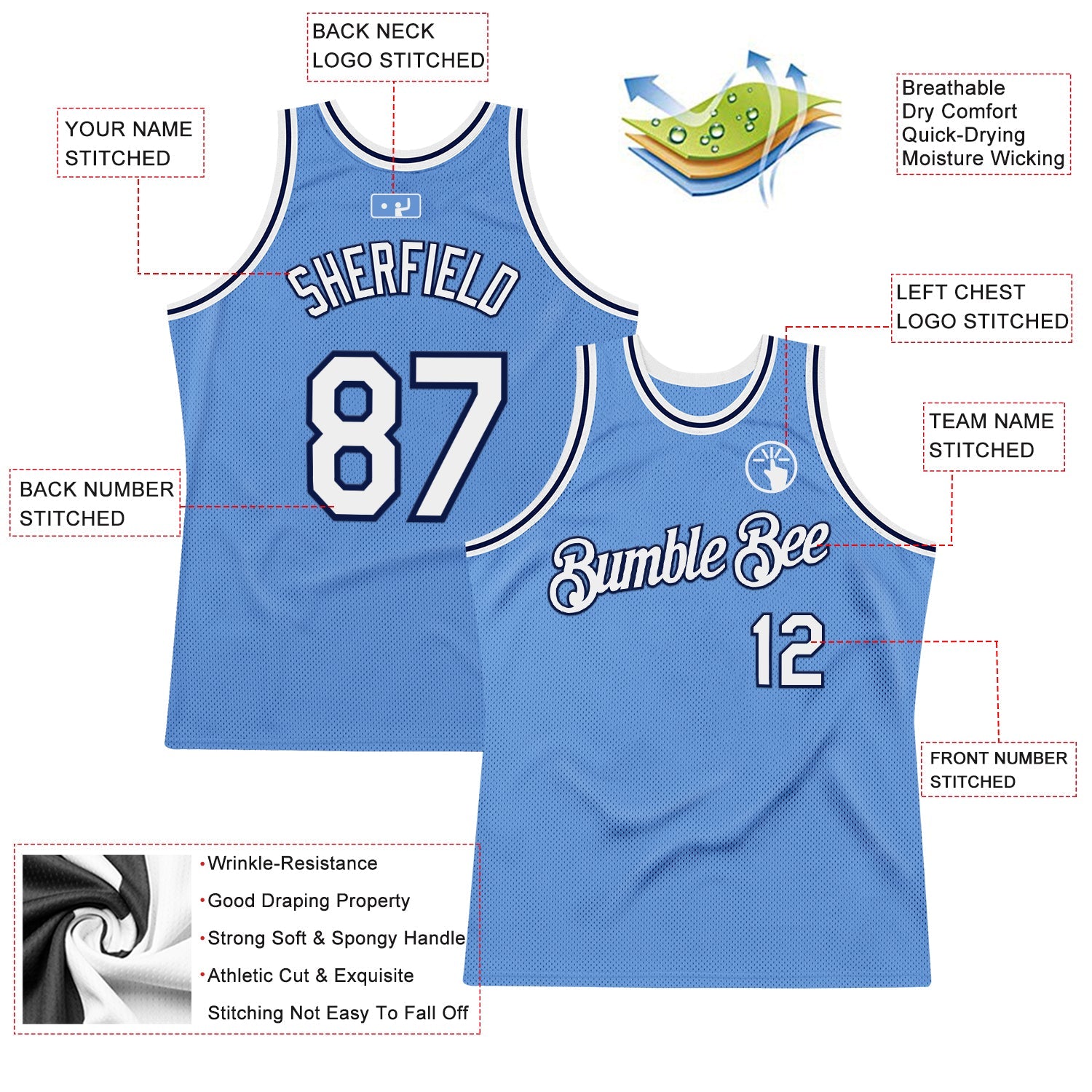 Custom Light Blue White-Navy Authentic Throwback Basketball Jersey view 2