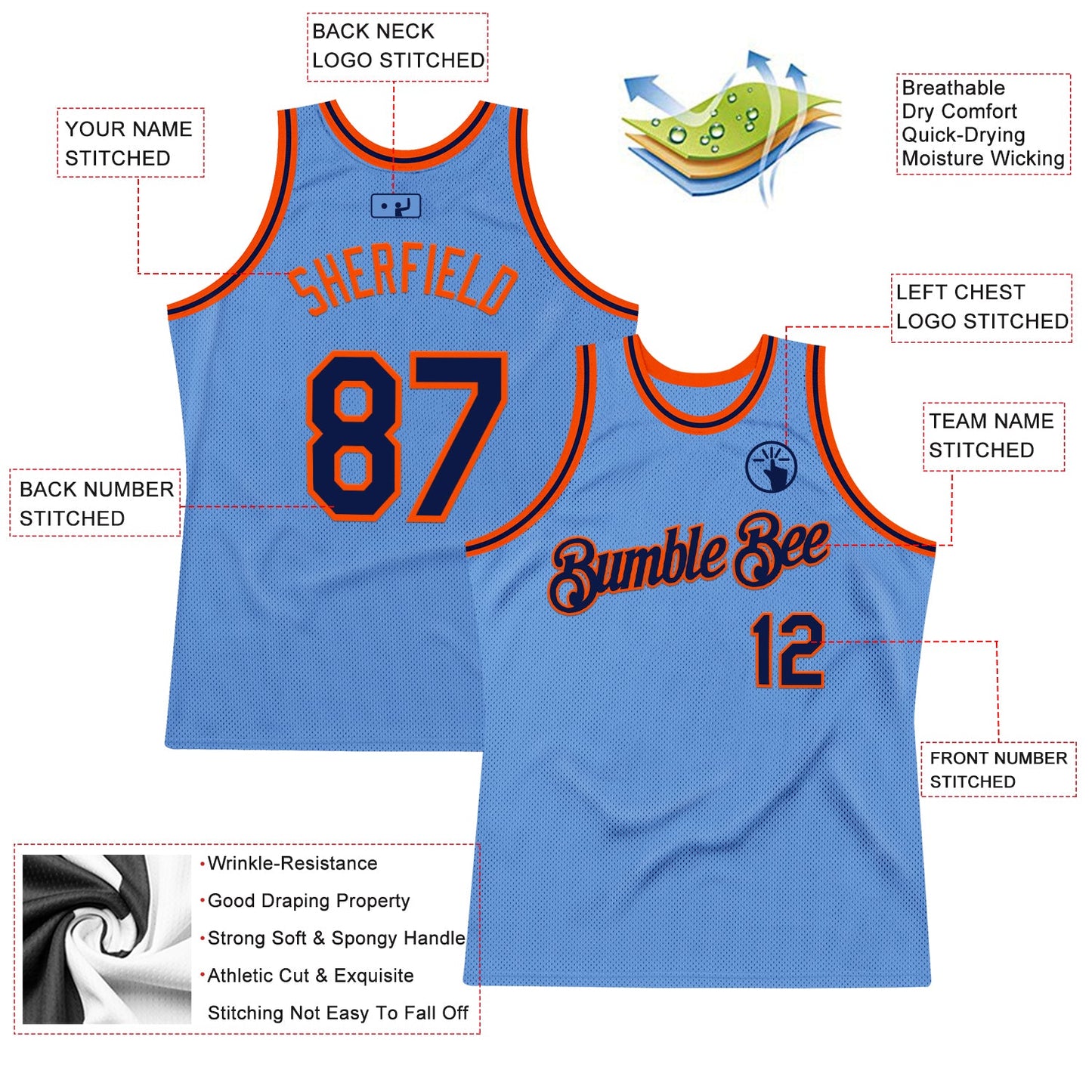 Custom Light Blue Navy-Orange Authentic Throwback Basketball Jersey view 2