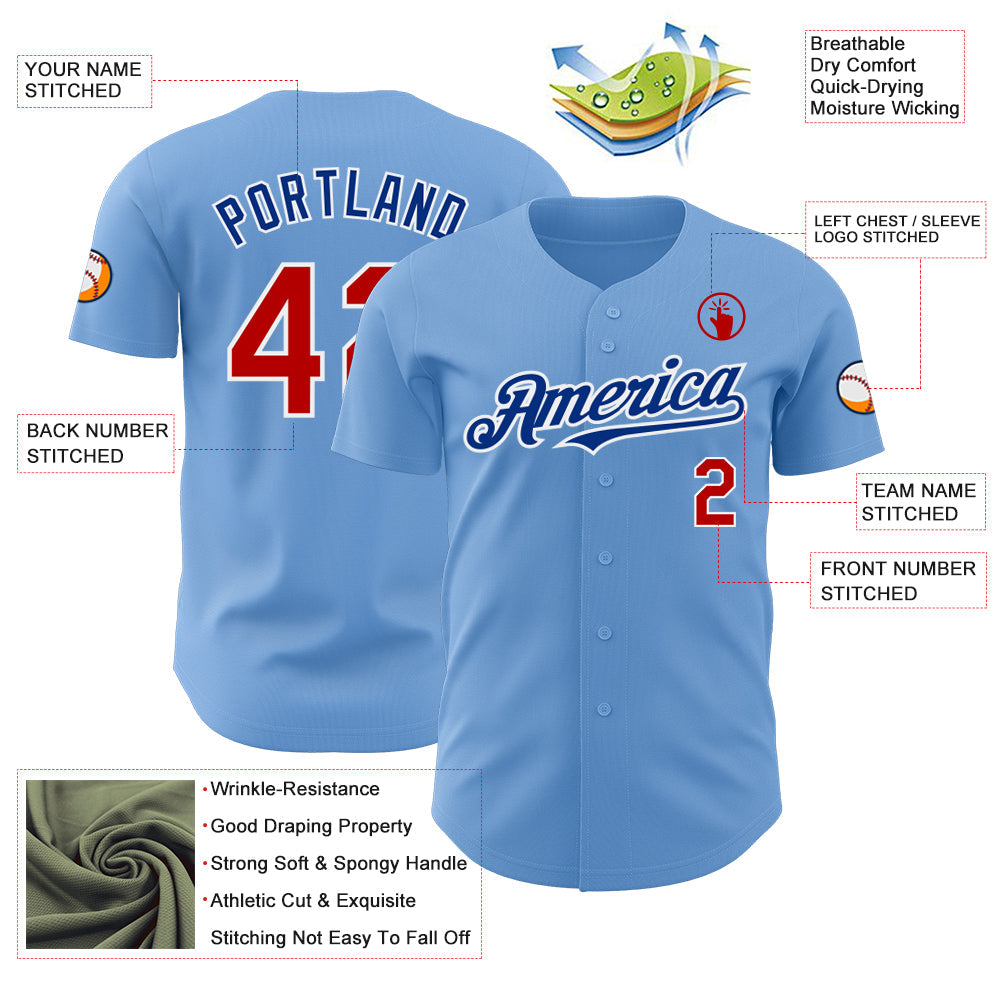 Custom Light Blue Red White-Royal Authentic Baseball Jersey view 3