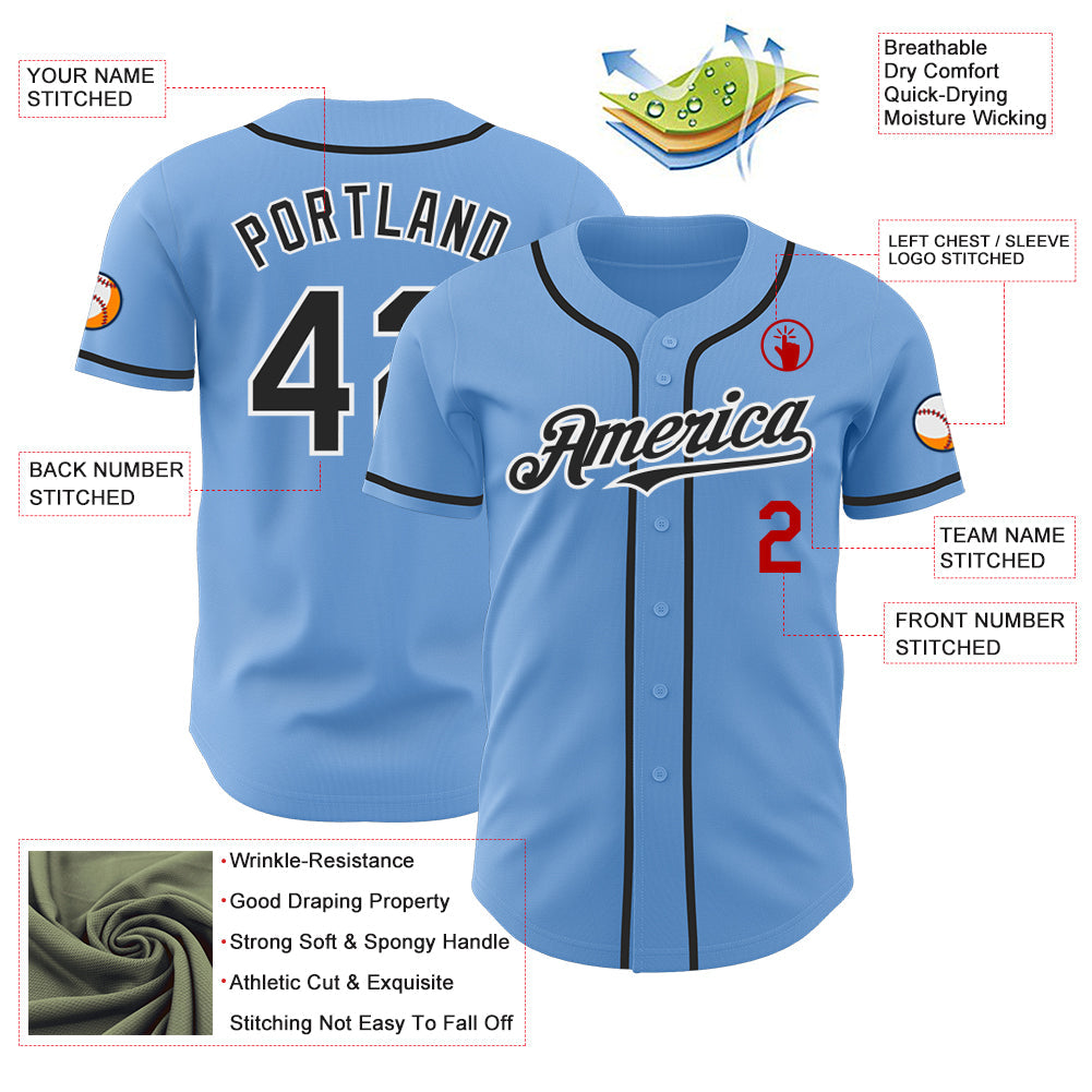 Custom Light Blue Black White-Red Authentic Baseball Jersey view 3